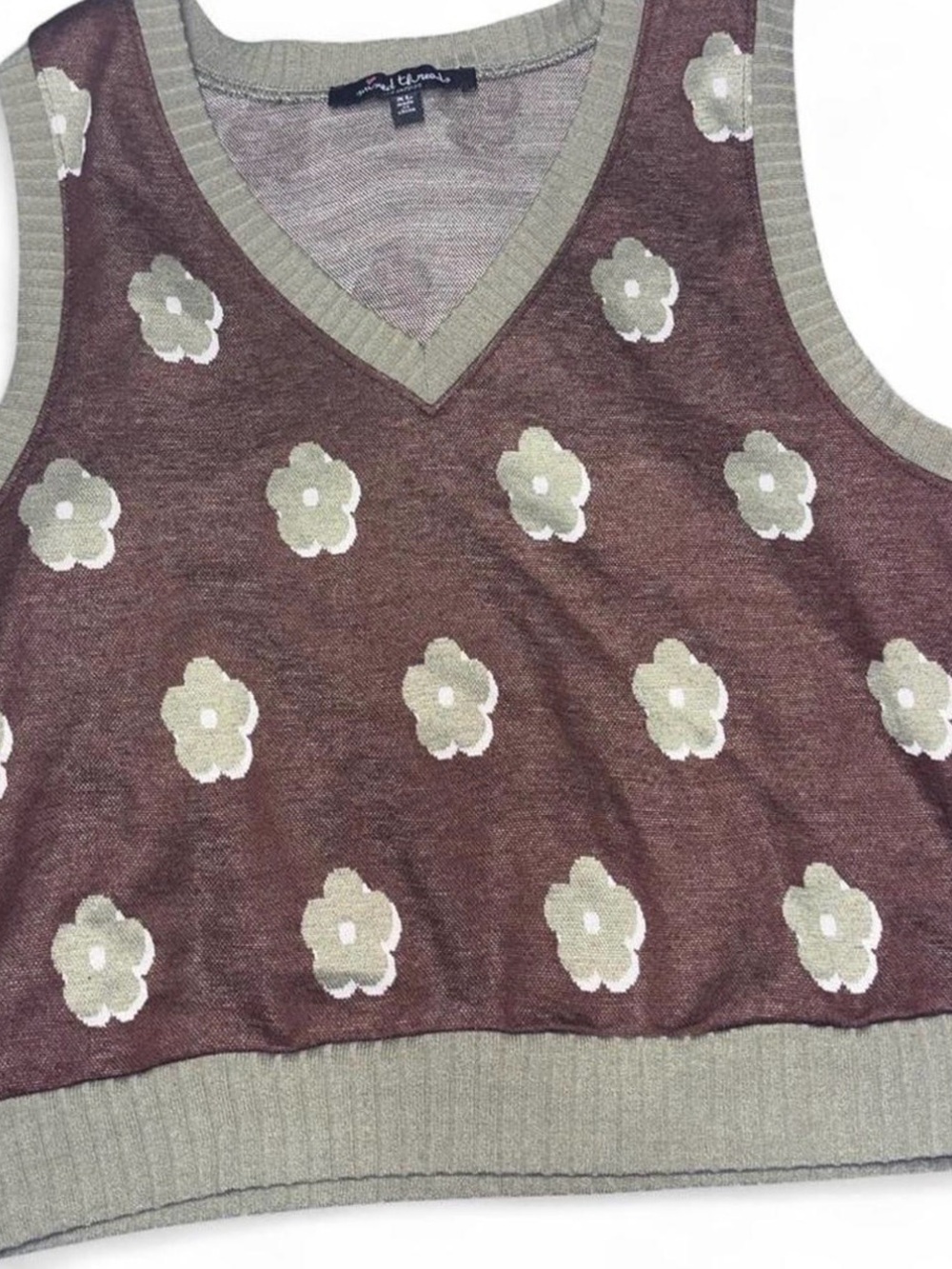 Floral Knit V-Neck Sweater Vest - Olive Flowers on Brown
